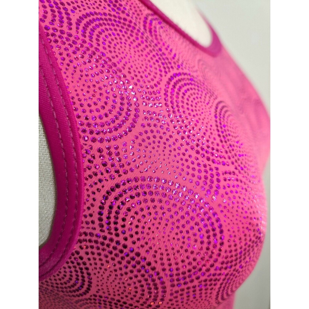 Satara VTG Barbie Pink Foiled Circles Racerback Leotard Open Back Keyhole Sz AL - Picture 7 of 15